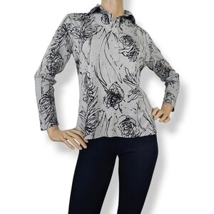Vintage Black & Gray Floral Print Long Sleeve Collared Top by Luxy Size Large